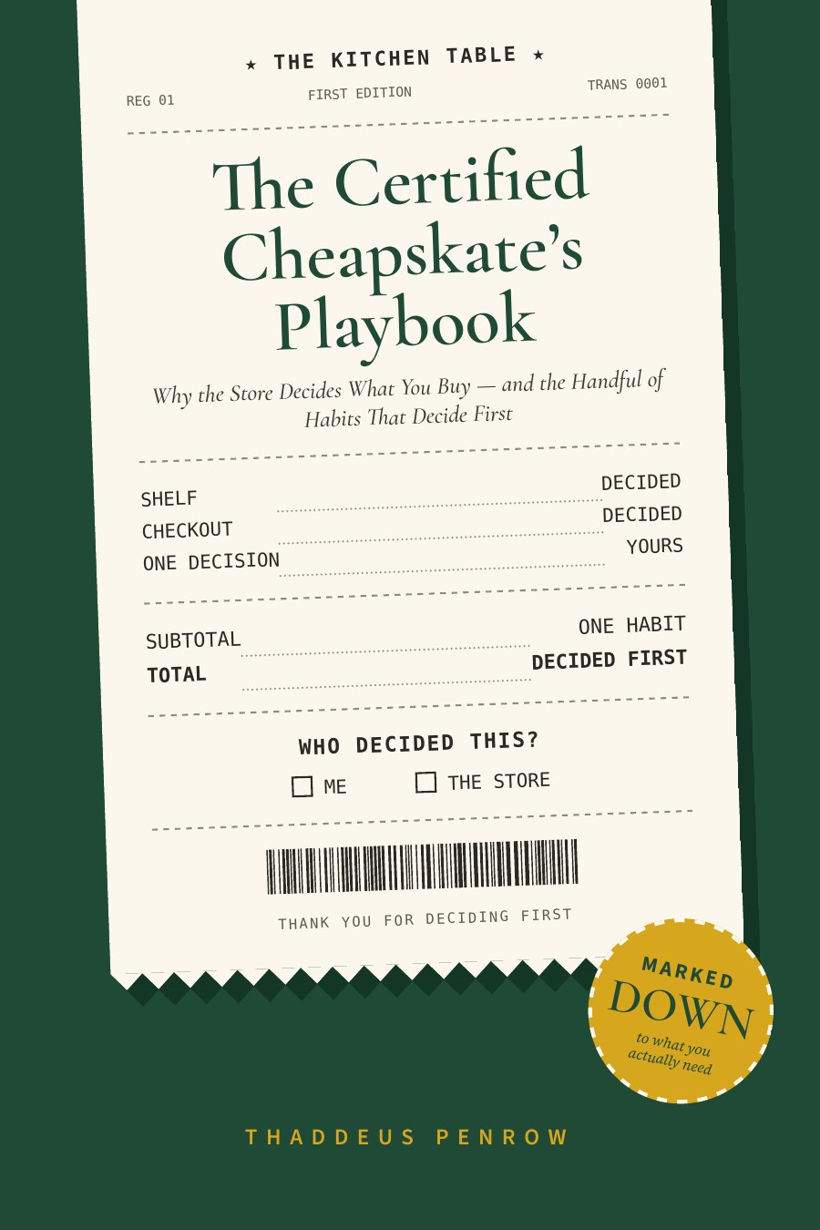 Cover of The Certified Cheapskate's Playbook: a long store receipt on a green background